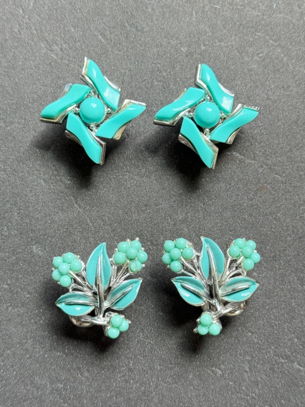 TWO Pairs of VINTAGE CORO Blue Green Clip Earrings MCM